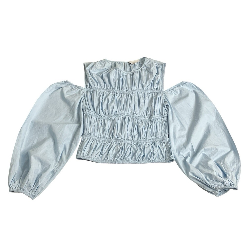 Topshop Shirred Poplin Top Womens 6 Light Blue Off Shoulder Boho Peasant Chic